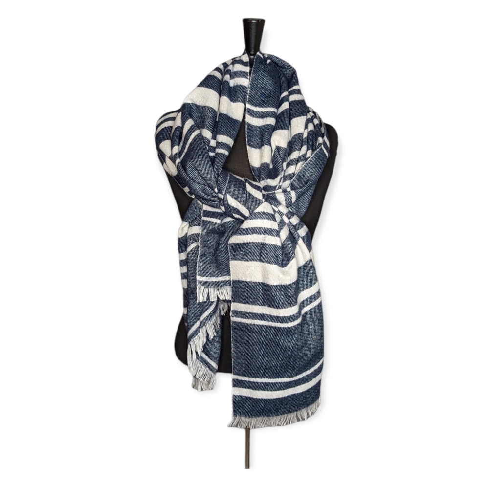 Charming Charlie Super Soft Blue & White Striped Fringe Scarf/Wrap